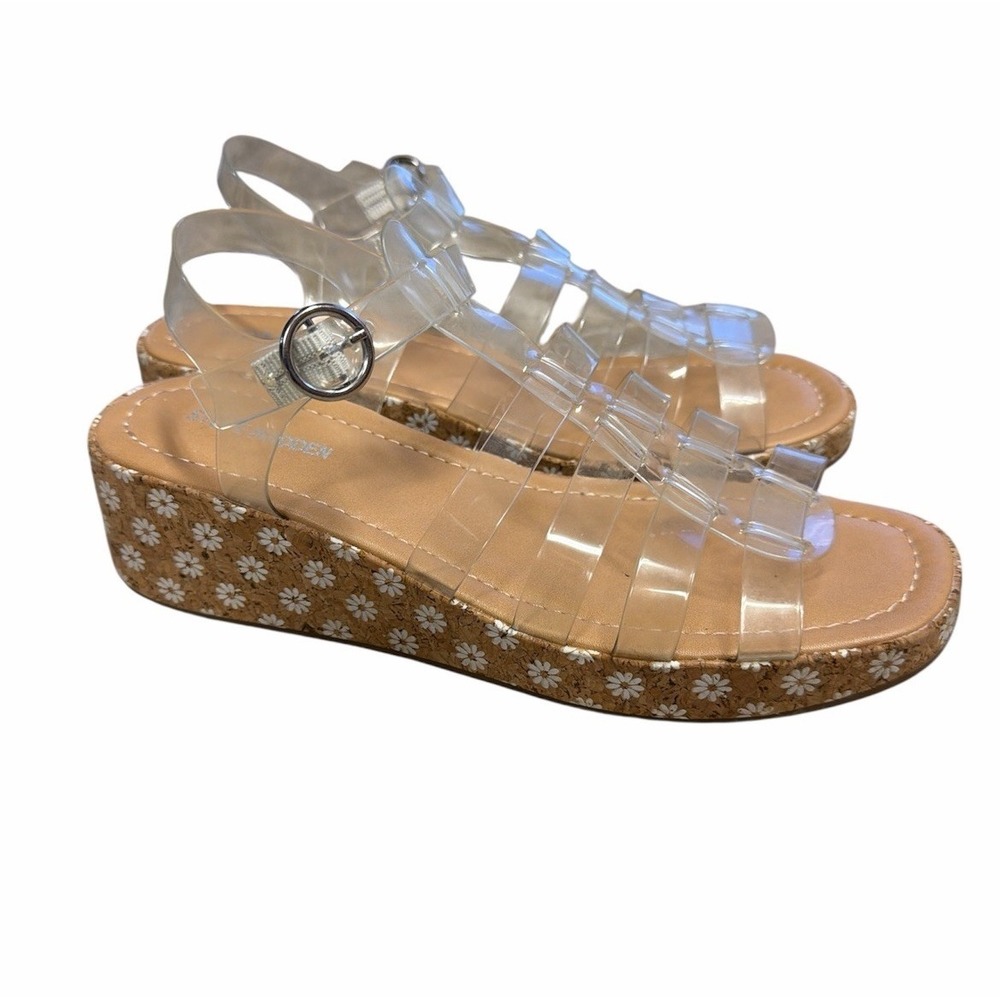 Steve Madden‎ Clear Strappy Cork Floral Wedge Platform Sandal Shoes Y2K Size 7